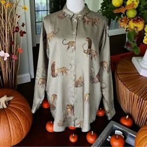 Zara Button Down Shirt Top Size XS Leopard Print Satin Long Sleeve Animal